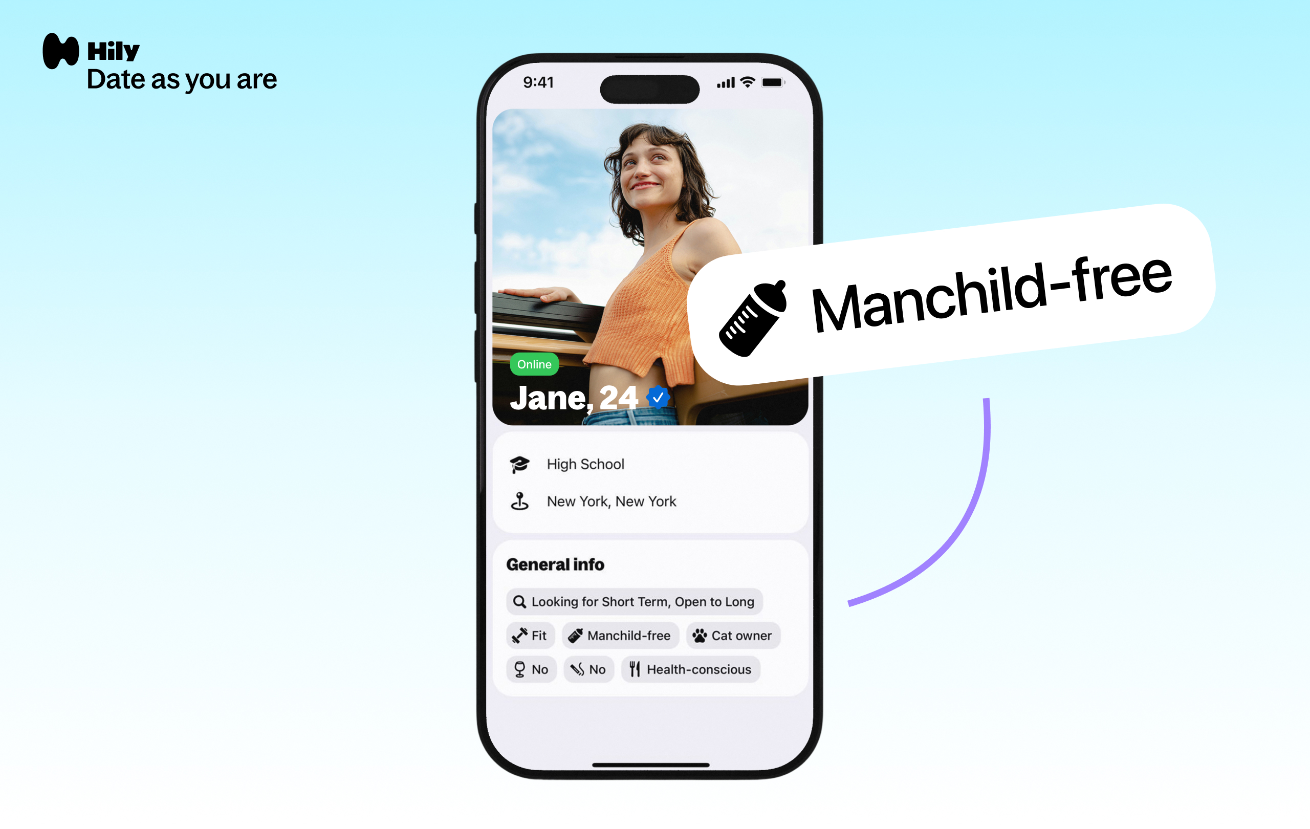 Woman profile on the app with manchild-free info